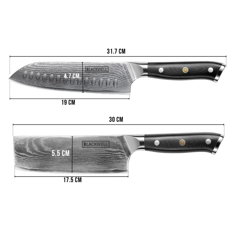 Blackwell Messerset (Santokumesser + Gemüsemesser / Nakirimesser) – Japanischer Stil – 67 Lagen Damaszenerstahl – VG10 – 2-teilig