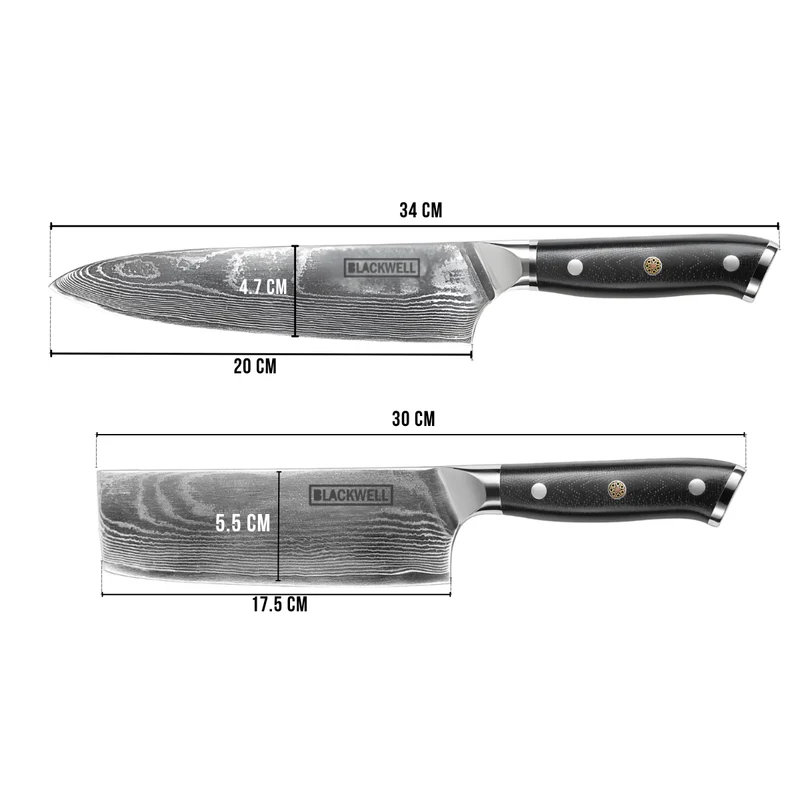 Blackwell Messerset (Kochmesser + Gemüsemesser / Nakiri-Messer) – Japanischer Stil – 67 Lagen Damaszenerstahl – VG10 – 2-teilig