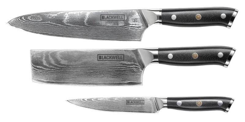 Blackwell Messerset (Kochmesser + Gemüsemesser + Schälmesser) – Japanischer Stil – 67 Lagen Damaszenerstahl – VG10 – 3-teilig