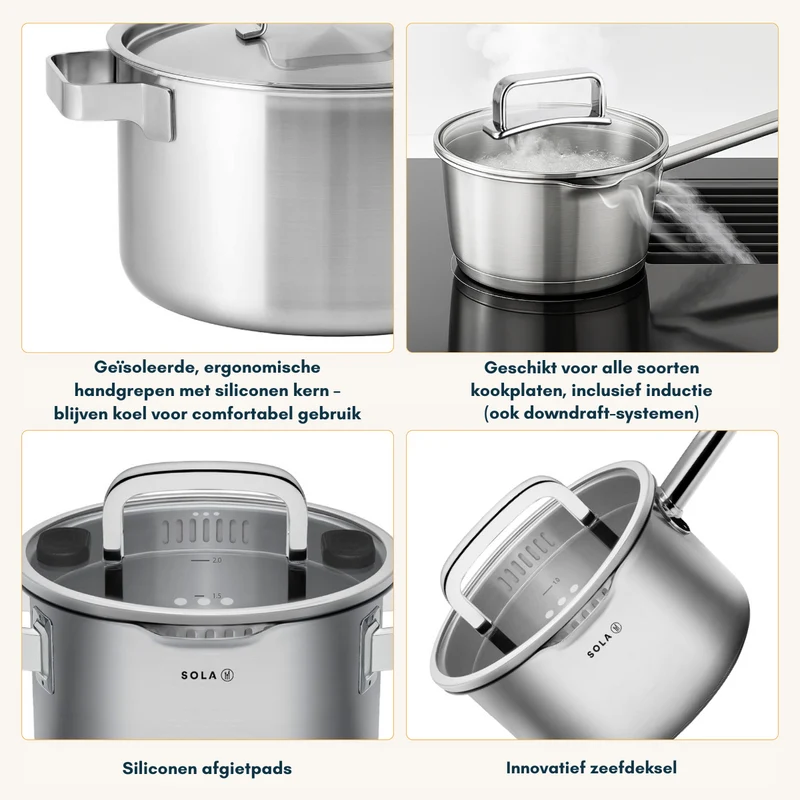 Sola Topfset Juvia 4-teilig – Edelstahl – downdraft-geeignet – Kochtöpfe Ø 16, 18, 20 cm & Stieltopf Ø 16 cm – geeignet für alle Herdarten