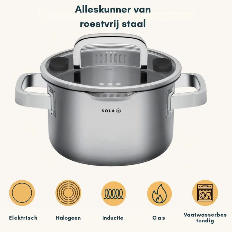 Sola Topfset Juvia 4-teilig – Edelstahl – downdraft-geeignet – Kochtöpfe Ø 16, 18, 20 cm & Stieltopf Ø 16 cm – geeignet für alle Herdarten
