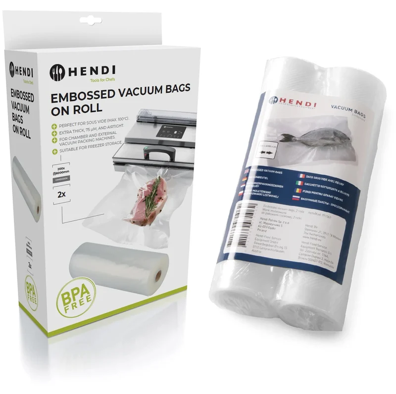 Hendi Vakuumbeutel mit Prägesiegel auf Rolle – Sous Vide Beutel – 20 x 600 cm – Passend für FoodSaver Vakuumiergeräte – 2er-Pack