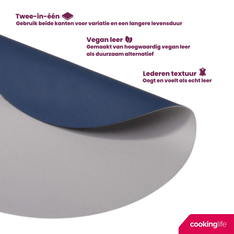 Cookinglife Tischsets - Doppelseitig - Veganes Leder - Grau / Blau ø 38 cm - 6 Stück