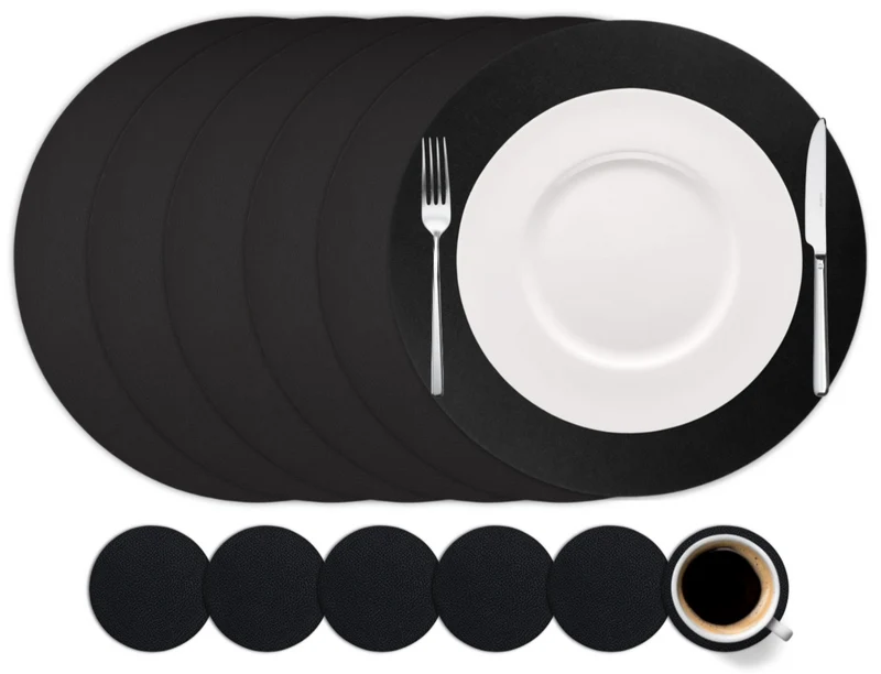 Cookinglife 6 Platzsets + 6 Untersetzer - Rund - Veganes Leder - Schwarz - 12 Stück