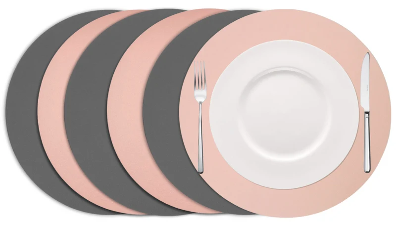 Cookinglife Tischsets - Doppelseitig - Veganes Leder - Grau / Rosa ø 38 cm - 6 Stück