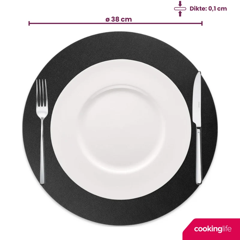 Cookinglife Tischsets - Veganes Leder - Schwarz - ø 38 cm - 6 Stück