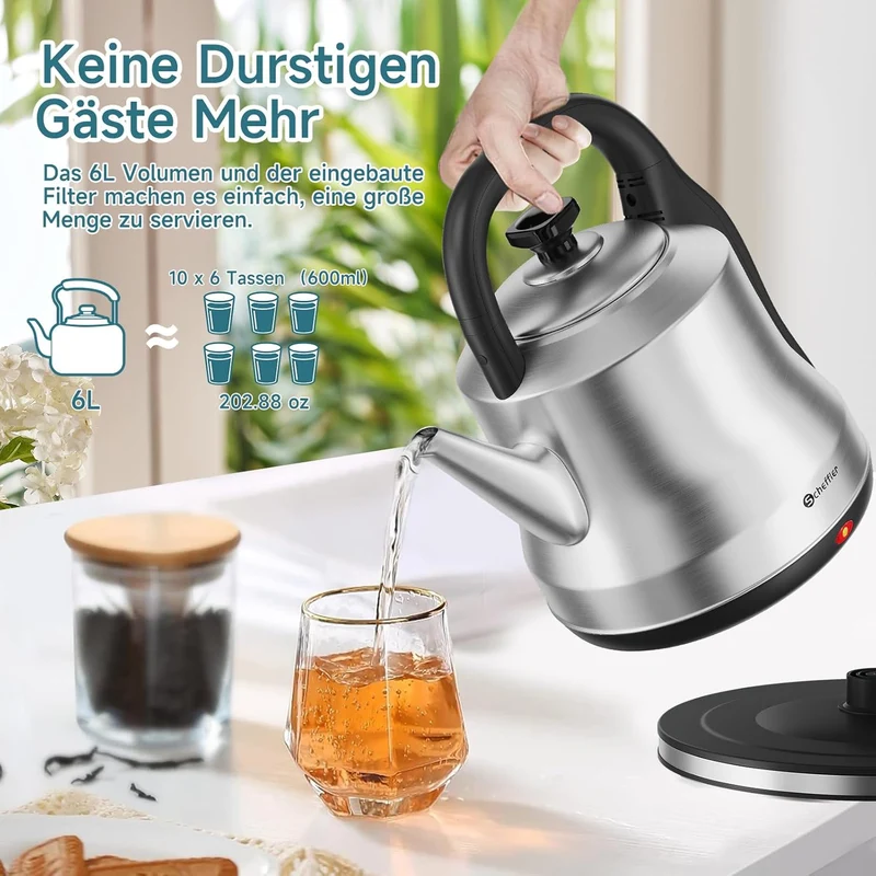 Scheffler XXL Retro Wasserkocher 6 Liter, 1800W Edelstahl Teekocher Kabellos, Schnellkochfunktion, BPA-frei, Filter & Auto-Off