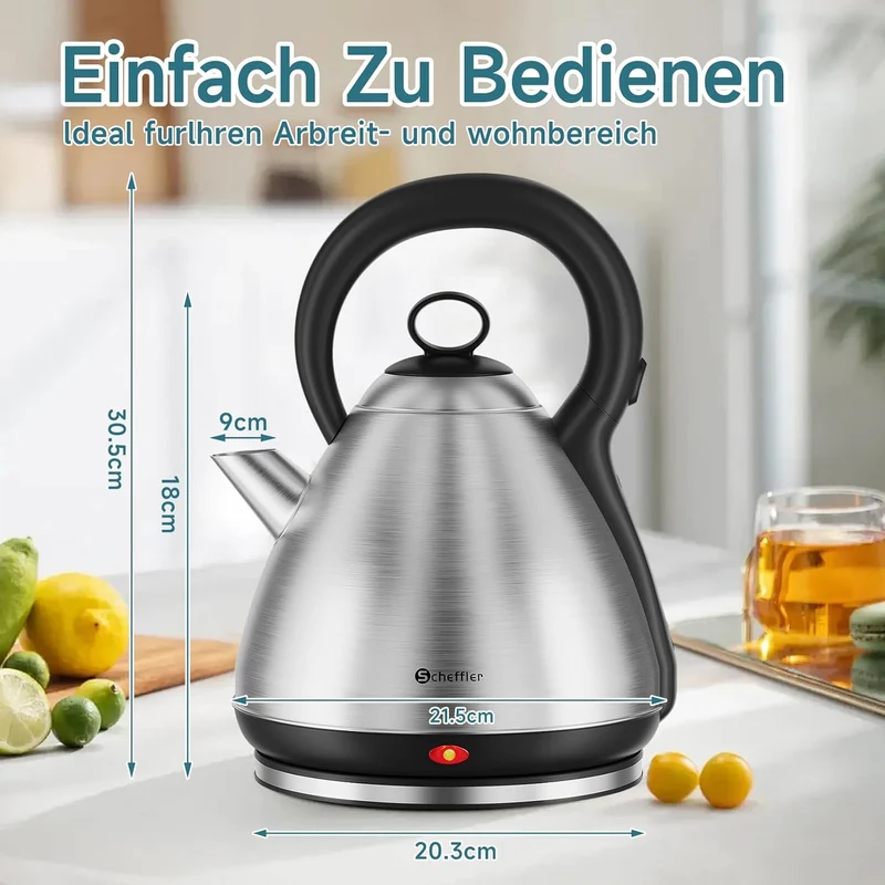 Scheffler Vintage Edelstahl-Wasserkocher 3,5L Kapazität 1800 Watt Kabelloser Teekessel mit 360° Drehbasis & Auto-Abschaltung