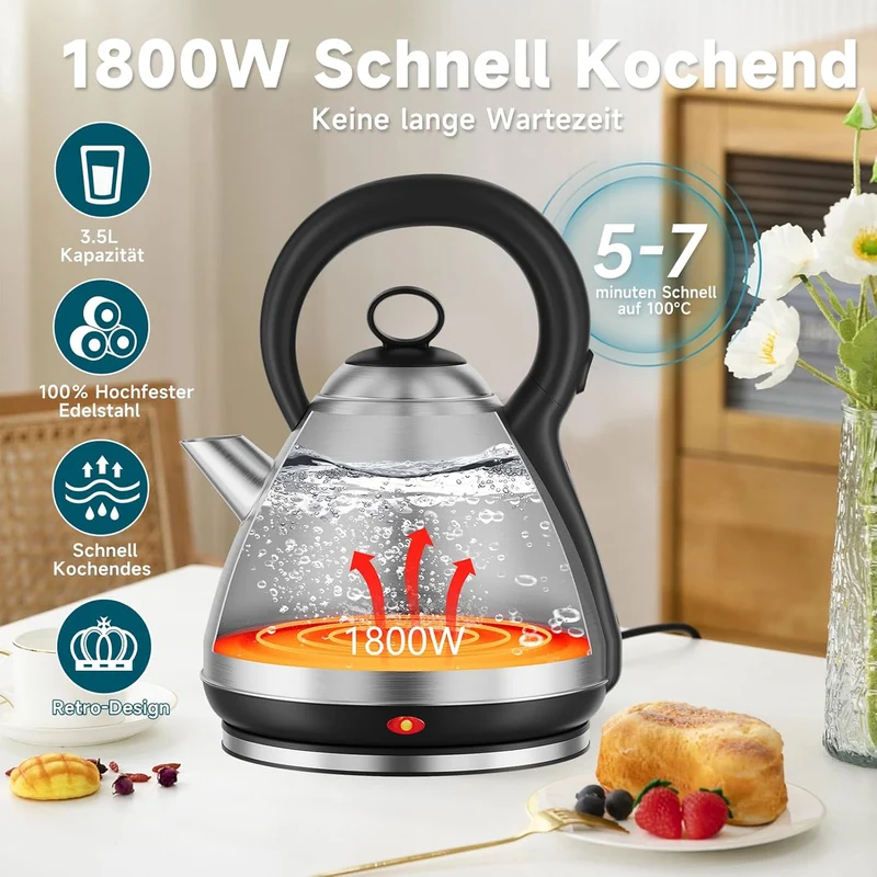 Scheffler Vintage Edelstahl-Wasserkocher 3,5L Kapazität 1800 Watt Kabelloser Teekessel mit 360° Drehbasis & Auto-Abschaltung