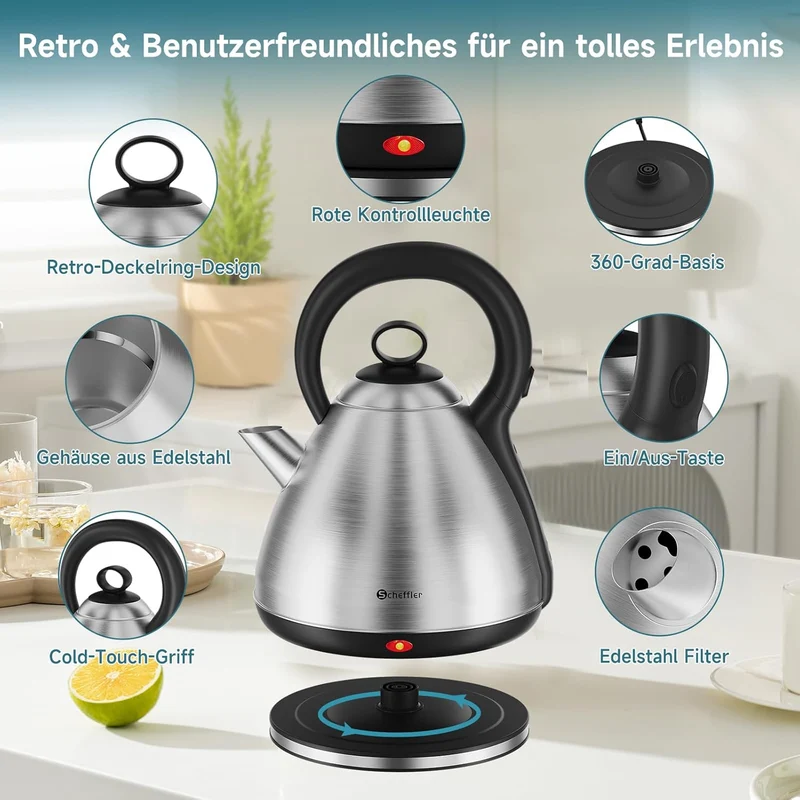 Scheffler Vintage Edelstahl-Wasserkocher 3,5L Kapazität 1800 Watt Kabelloser Teekessel mit 360° Drehbasis & Auto-Abschaltung