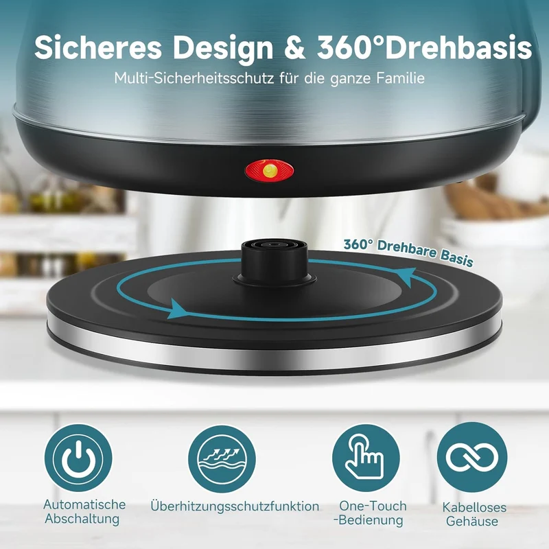 Scheffler Vintage Edelstahl-Wasserkocher 3,5L Kapazität 1800 Watt Kabelloser Teekessel mit 360° Drehbasis & Auto-Abschaltung