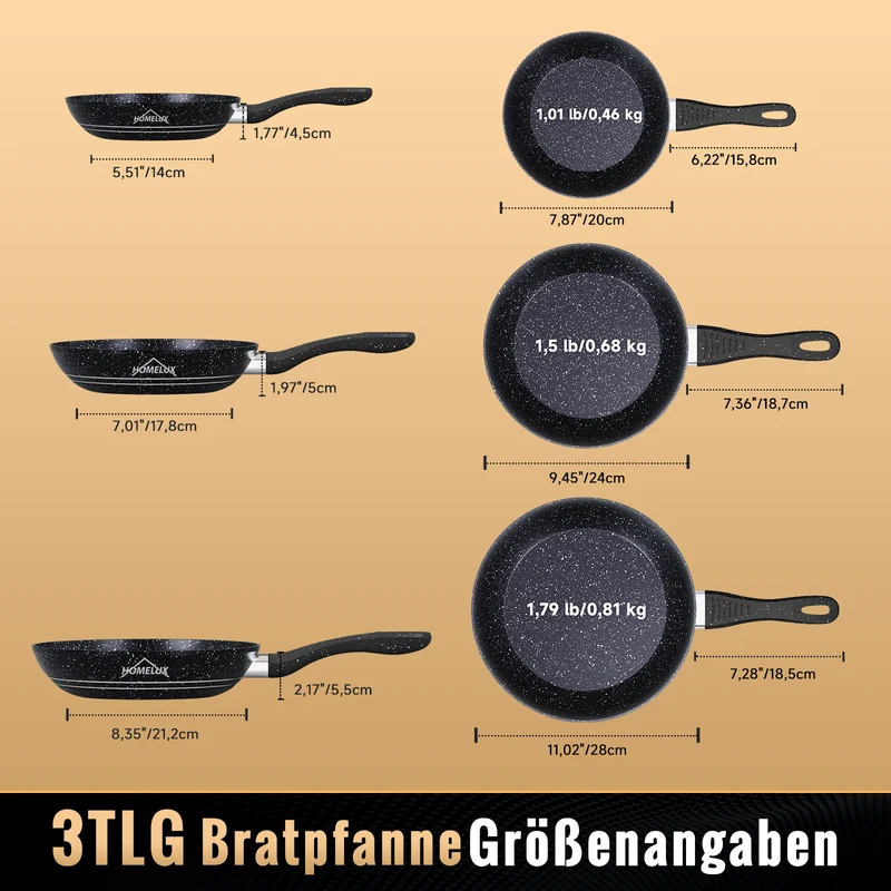 HOMELUX 3-teiliges Bratpfannen-Set Ø20/24/28cm, kratzfeste Antihaftbeschichtung, Induktion, für alle Herdarten geeignet