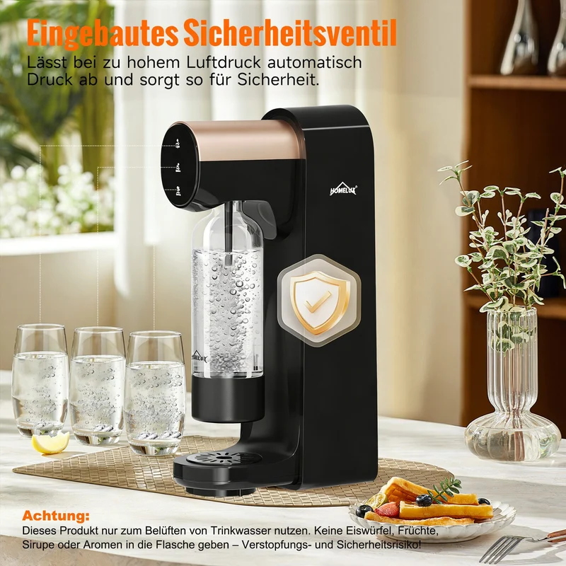 HOMELUX Elektrischer Wassersprudler, Touch-Bedienung, 3 Sprudelstärken, inkl. BPA-freier PET-Flasche, Schwarz