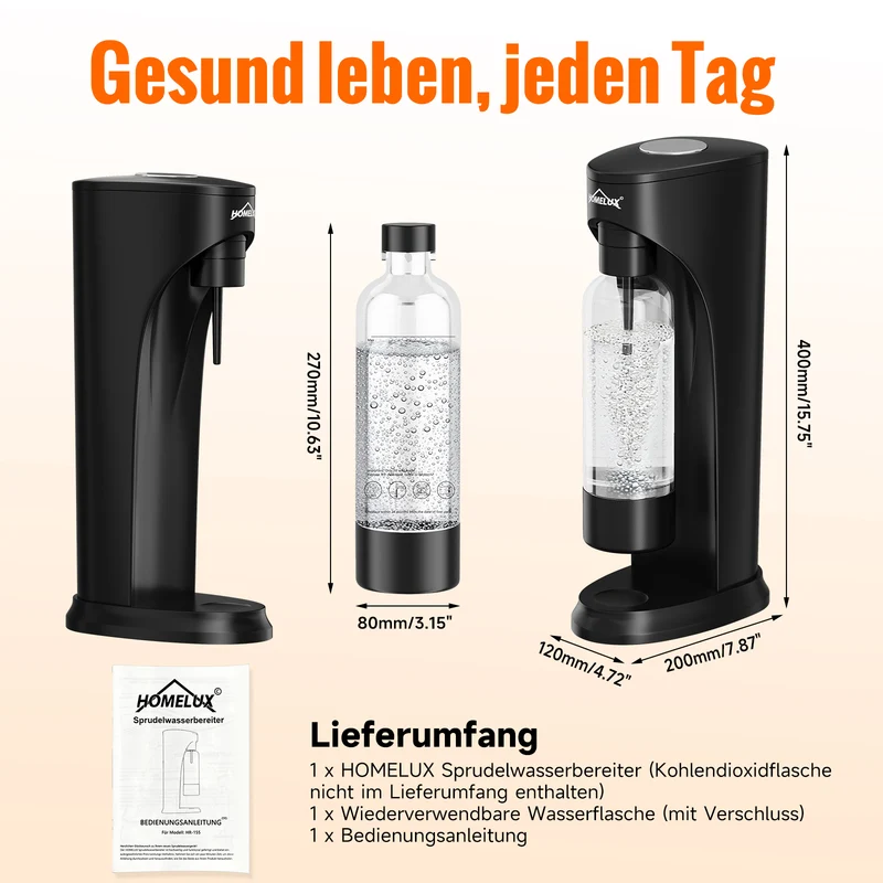 HOMELUX Wassersprudler Set inkl. BPA-freier PET-Flasche, kabelloser Trinkwassersprudler für 60L CO2-Zylinder, Schwarz