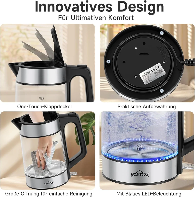 HOMELUX 1,7L Glaswasserkocher mit blauer LED, 2200W, Borosilikatglas, Edelstahl, BPA-frei, Automatische Abschaltung & Trockengehschutz