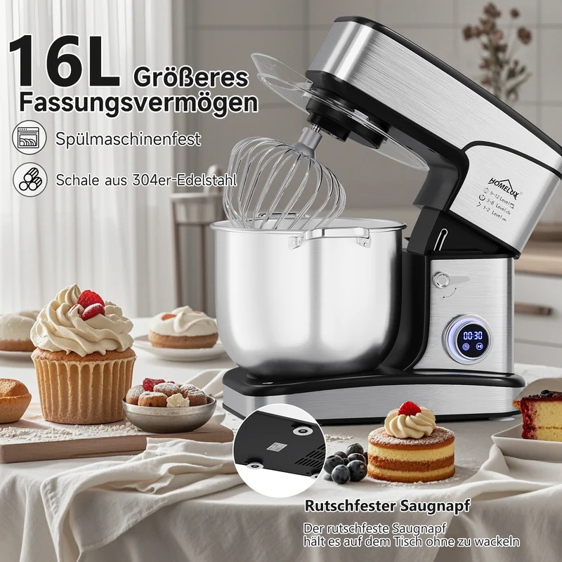 2800W 16L XXL HOMELUX Küchenmaschine mit 16L XXL Edelstahl-Schüssel und digitaler Steuerung