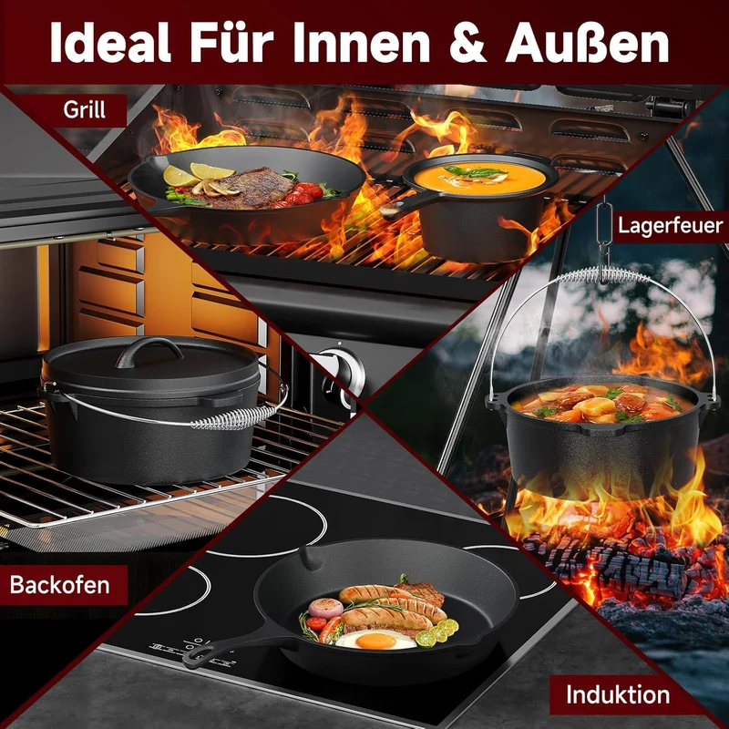 Topf-Set 10-tlg. Dutch Oven Set in Holzkiste Kochtopf Grillplatte Stieltopf Einsetzbar auf Gas Induktionsherden, offenen Flammen und Backöfen
