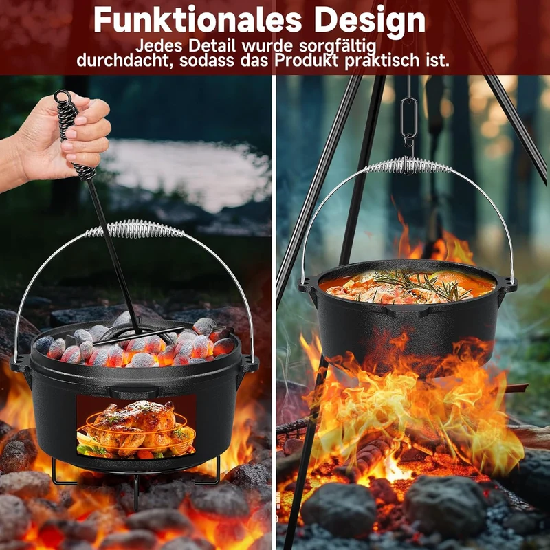 HOMELUX Gusseisen 12-teiliges Dutch Oven Set in Holzkiste – 4,5L Topf, 3,6L Saucier, Grillplatte, Bratpfanne & Komplettes Zubehör