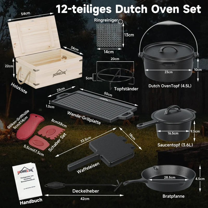 HOMELUX Gusseisen 12-teiliges Dutch Oven Set in Holzkiste – 4,5L Topf, 3,6L Saucier, Grillplatte, Bratpfanne & Komplettes Zubehör
