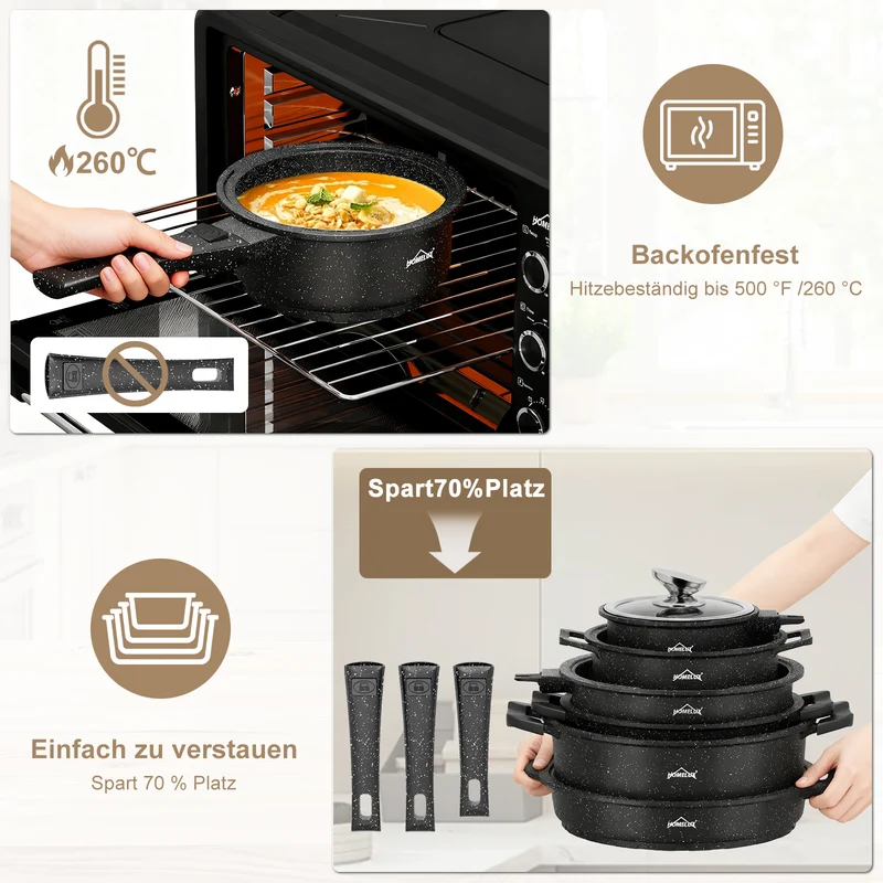 HOMELUX Kochgeschirr-Set 10-teilig, induktionsgeeignetes stapelbares Topfset für alle Herdarten, backofengeeignet, schwarz