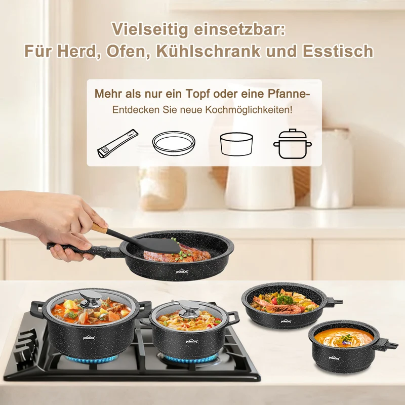 HOMELUX Kochgeschirr-Set 10-teilig, induktionsgeeignetes stapelbares Topfset für alle Herdarten, backofengeeignet, schwarz