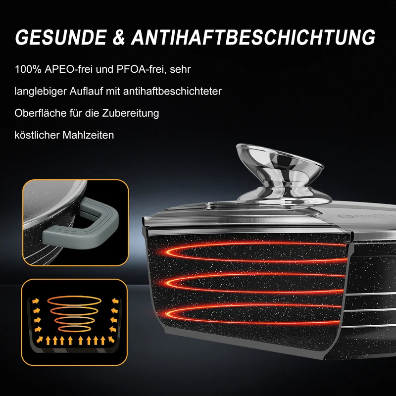 Scheffler Induktions-Servierpfanne aus Aluminiumguss mit marmorierter Antihaftbeschichtung, Glasdeckel und hitzebeständigem Silikongriff