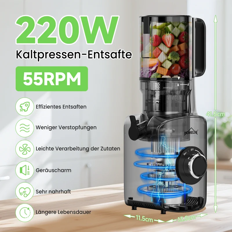 HOMELUX Slow Juicer 220W, 126mm XXL Einfüllschacht für Ganze Früchte, Elektrischer Entsafter Kaltpresse mit 2 Bechern