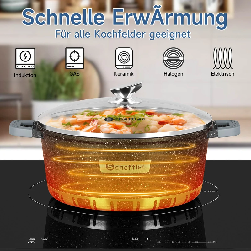 Scheffler Kochtopf mit Glasdeckel für Induktion Aluguss Antihaft Topf, hitzebeständig, energiesparend, frei von PFOA & PFOS