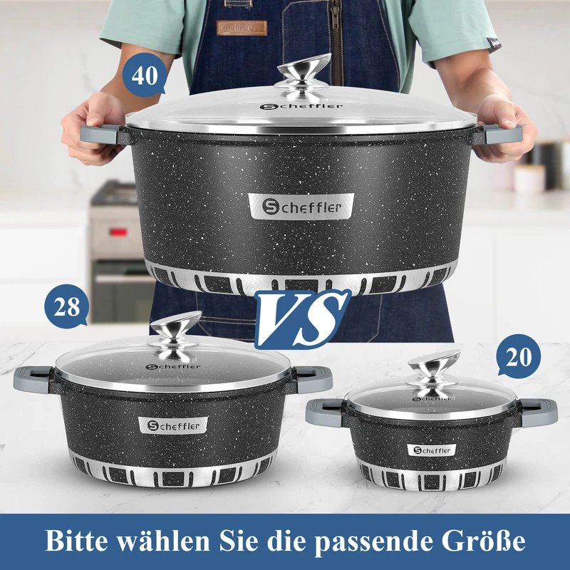Scheffler Kochtopf mit Glasdeckel für Induktion Aluguss Antihaft Topf, hitzebeständig, energiesparend, frei von PFOA & PFOS