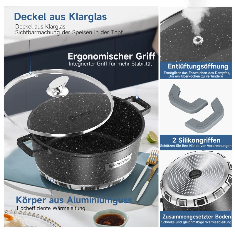 Scheffler Kochtopf mit Glasdeckel für Induktion Aluguss Antihaft Topf, hitzebeständig, energiesparend, frei von PFOA & PFOS