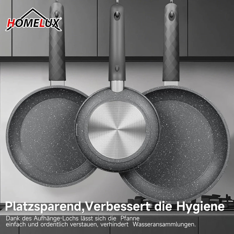 HOMELUX 3-tlg. Pfannenset Bratpfanne Ø20/24/28cm, beschichtete Pfannen mit Marmorbeschichtung, Induktion Pfanne, Pfannen für alle Herdarten, Grau