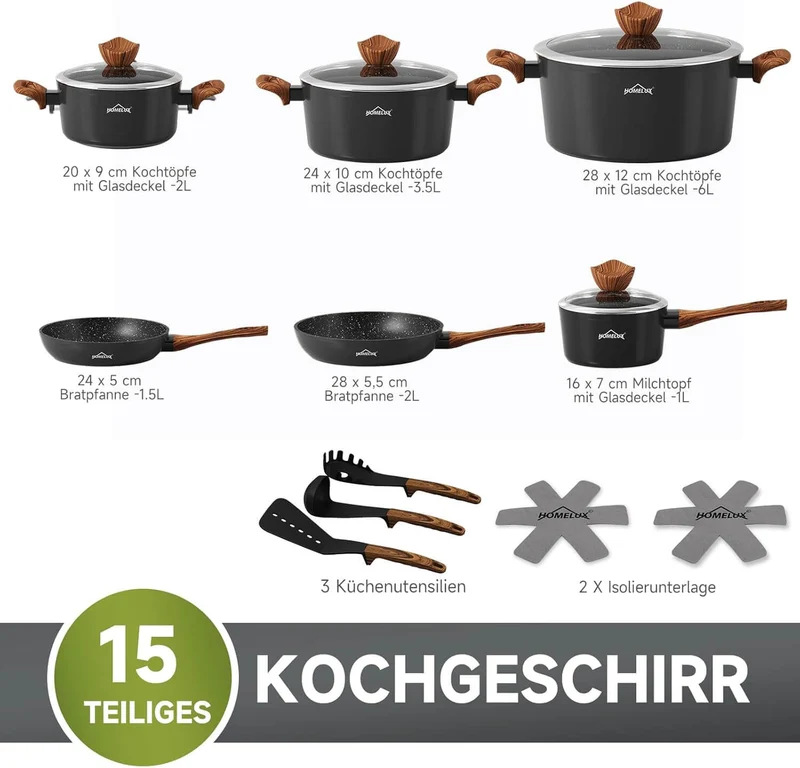 Topfset HOMELUX 15tlg Induktion Aluminiumguss Töpfe Pfannen mit Deckel, Antihaft Pfannenset