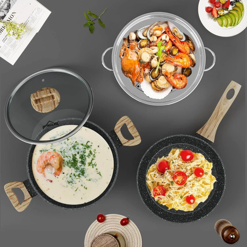 12-tlg Topf und Pfannen Set Topfset Induktion 12-teilige Kochtopf mit Glasdeckel Töpfe und Bratpfanne Set