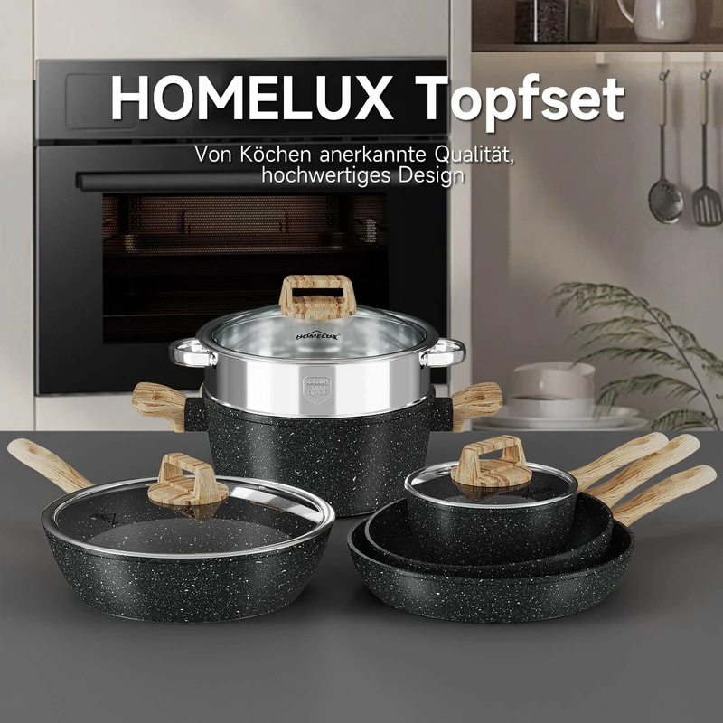 12-tlg Topf und Pfannen Set Topfset Induktion 12-teilige Kochtopf mit Glasdeckel Töpfe und Bratpfanne Set
