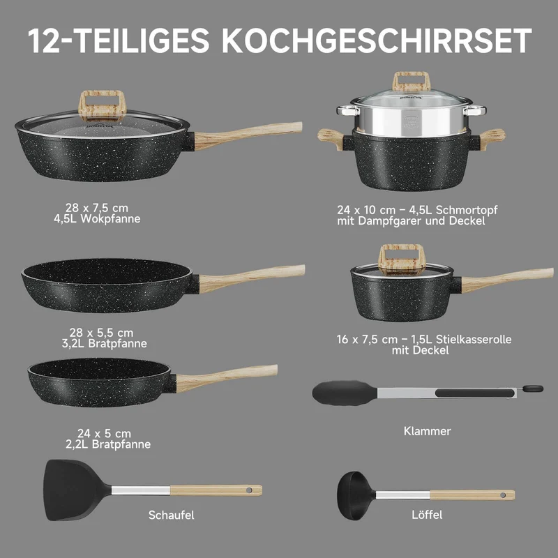 12-tlg Topf und Pfannen Set Topfset Induktion 12-teilige Kochtopf mit Glasdeckel Töpfe und Bratpfanne Set