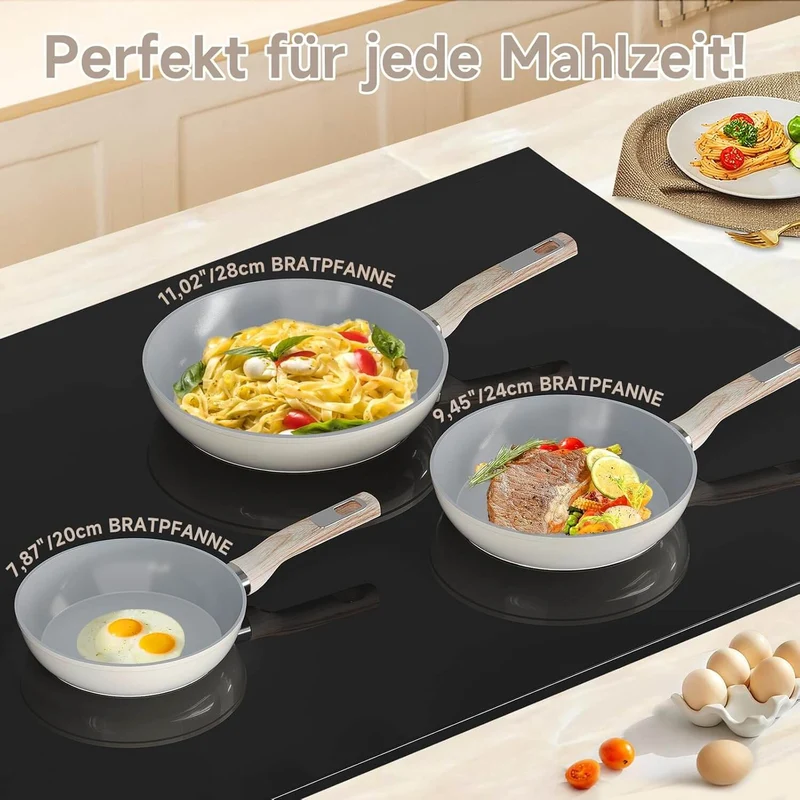HOMELUX 3tlg Pfannenset Ø20/24/28cm Pfannen beschichtete Pfanne,Pfanne Induktion mit Antihaft-Beschichtung,geeignet für alle Herdarten