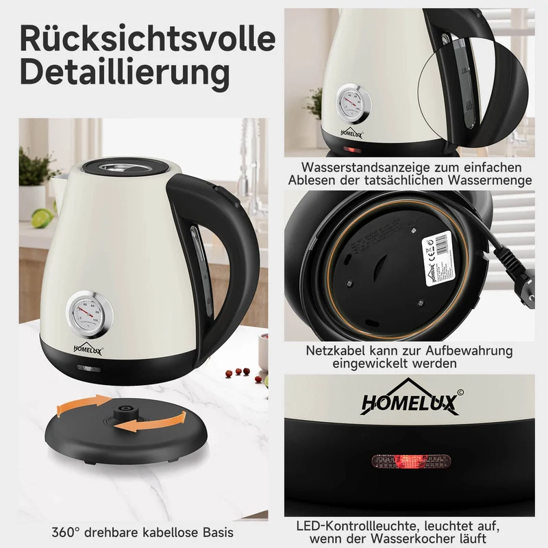 Elektrischer Retro Wasserkocher mit Thermometer – 1,7L, Edelstahl, 2200 Watt