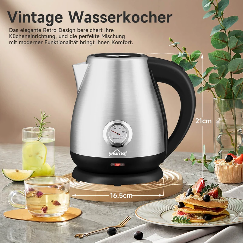 Elektrischer Retro Wasserkocher mit Thermometer – 1,7L, Edelstahl, 2200 Watt