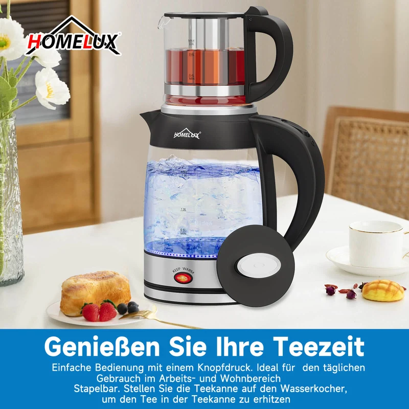 2200 Watt Teekocher 1,8L Wasserkocher Glas 0,8L Teekanne mit Sieb Teemaschine
