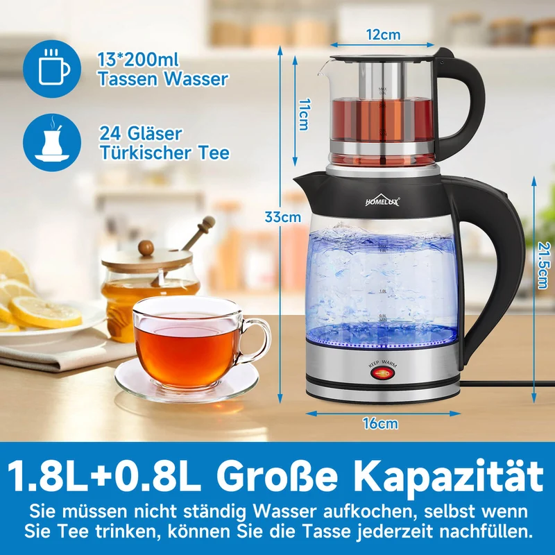 2200 Watt Teekocher 1,8L Wasserkocher Glas 0,8L Teekanne mit Sieb Teemaschine