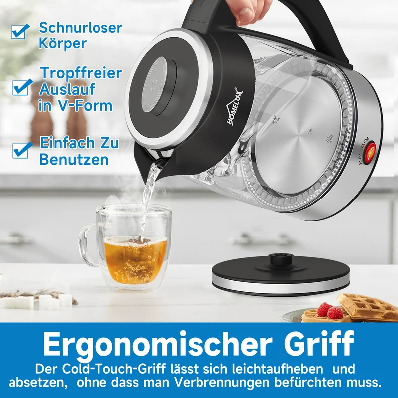 2200 Watt Teekocher 1,8L Wasserkocher Glas 0,8L Teekanne mit Sieb Teemaschine