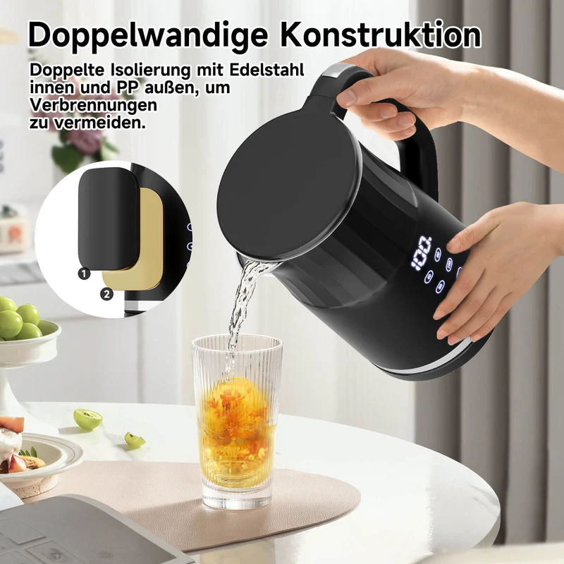 2200W Elektrischer Wasserkocher mit Temperaturwahl 40-100°C Edelstahl Doppelwand