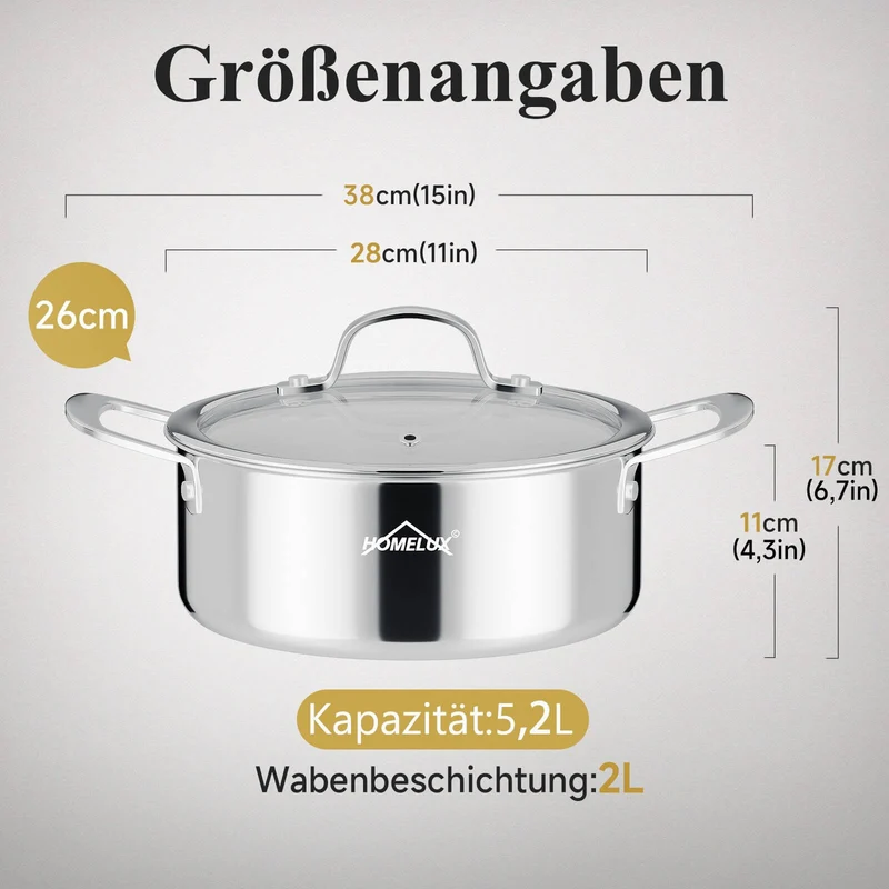 Edelstahl Kochtopf Induktion mit Glasdeckel Schmortopf Antihaft in 20/24/26 cm