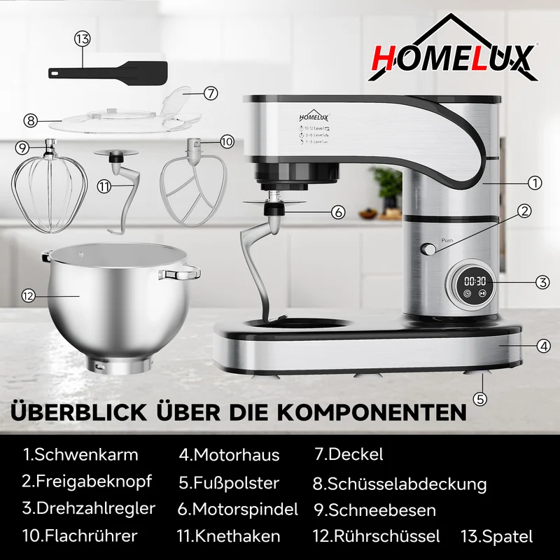 12L Küchenmaschine 2500W Küchenmaschine 12L Knetmaschine Rührmaschine LED-Touchscreen Teigmaschine