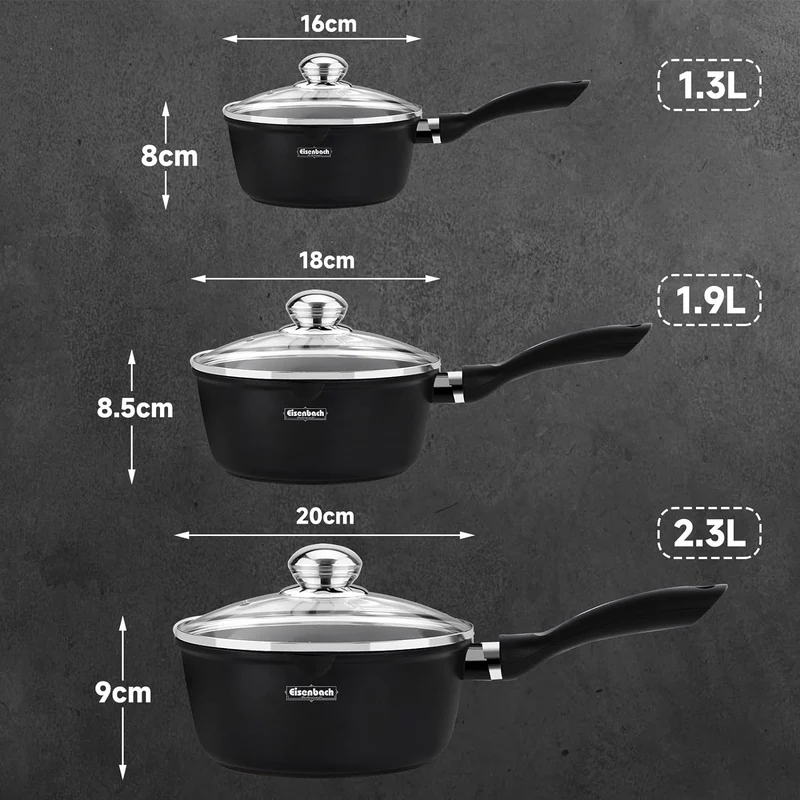 Hochwertiges 3-teiliges Induktions-Topfset – Antihaftbeschichtet, mit Glasdeckel & Ausgießer, für alle Herdarten, ideal für Milch, Soßen & Desserts