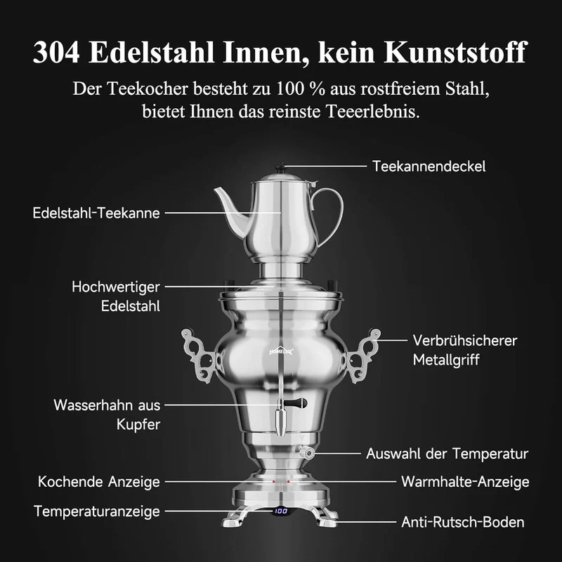 5L +1.6L / 2.5L +1.2L Elektrischer Samoware Edelstahl Teekocher mit 1850W, Warmhaltefunktion & Ablasshahn