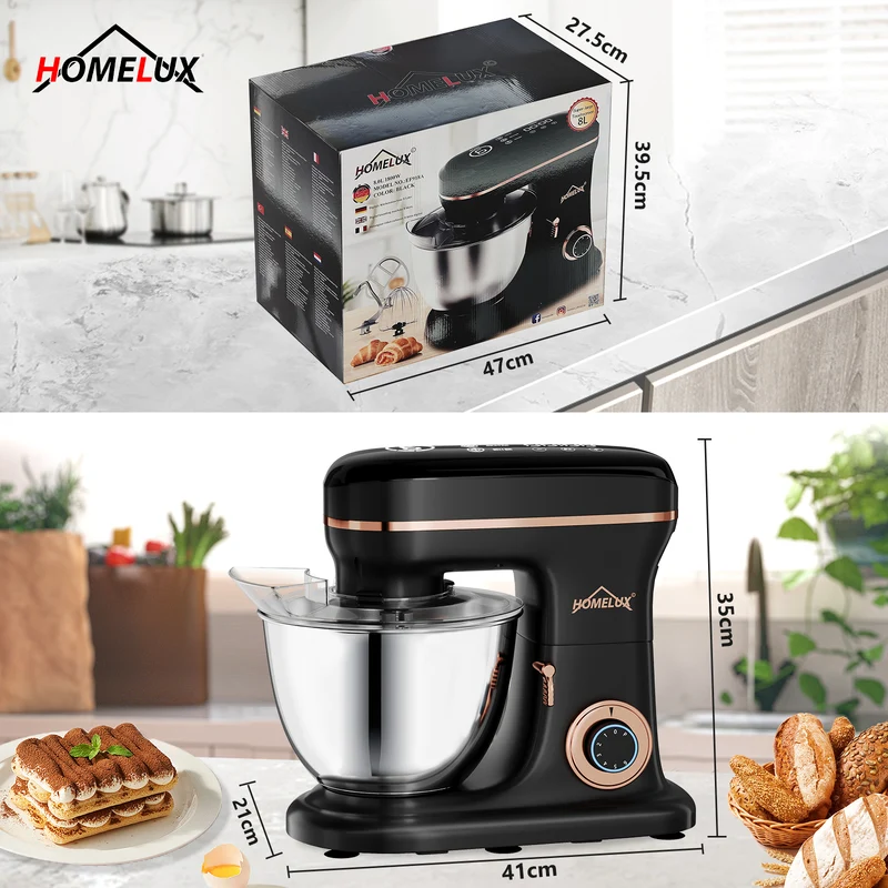 HOMELUX Knetmaschine 8L – 1800W, 6 Geschwindigkeiten, LED-Touchscreen, Edelstahl-Rührschüssel, leise & leistungsstark für Teig & mehr