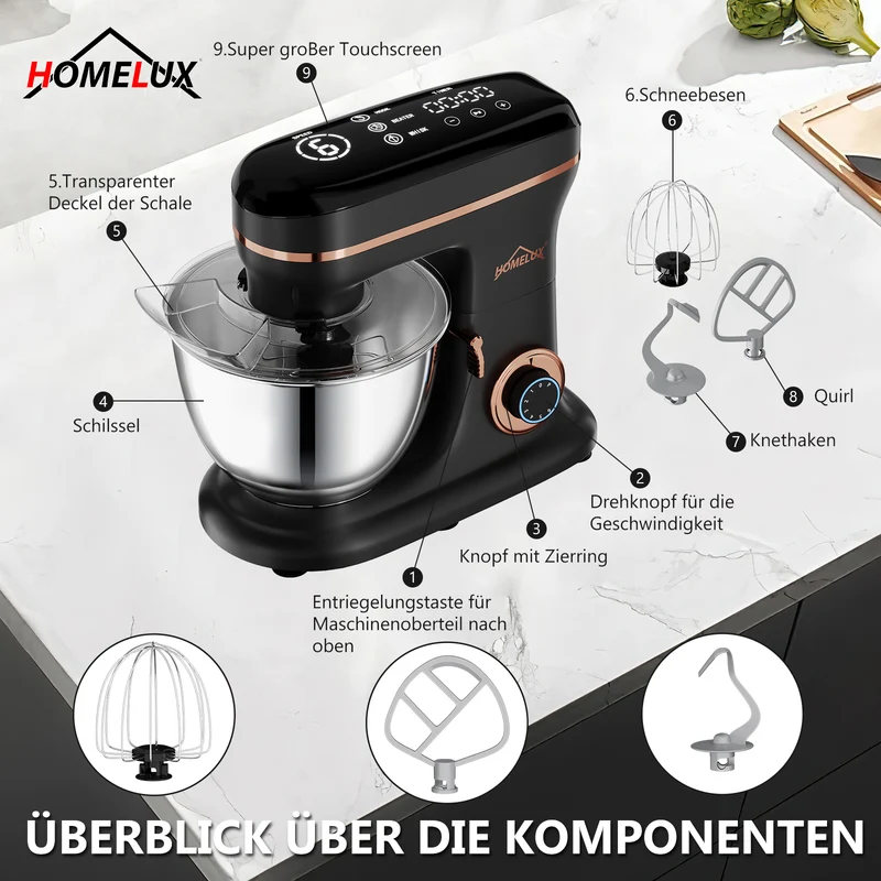 HOMELUX Knetmaschine 8L – 1800W, 6 Geschwindigkeiten, LED-Touchscreen, Edelstahl-Rührschüssel, leise & leistungsstark für Teig & mehr