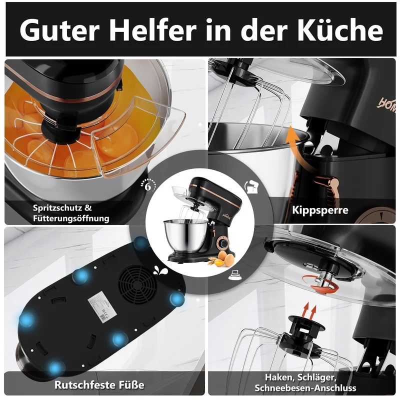 HOMELUX Knetmaschine 8L – 1800W, 6 Geschwindigkeiten, LED-Touchscreen, Edelstahl-Rührschüssel, leise & leistungsstark für Teig & mehr