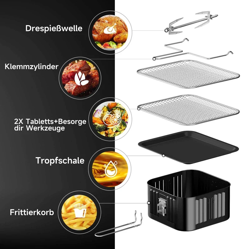 12L Heißluftfritteuse mit Rotationsfunktion, 12 voreingestellten Programmen und LED-Display, 1800W Heißluftofen mit Drehspieß
